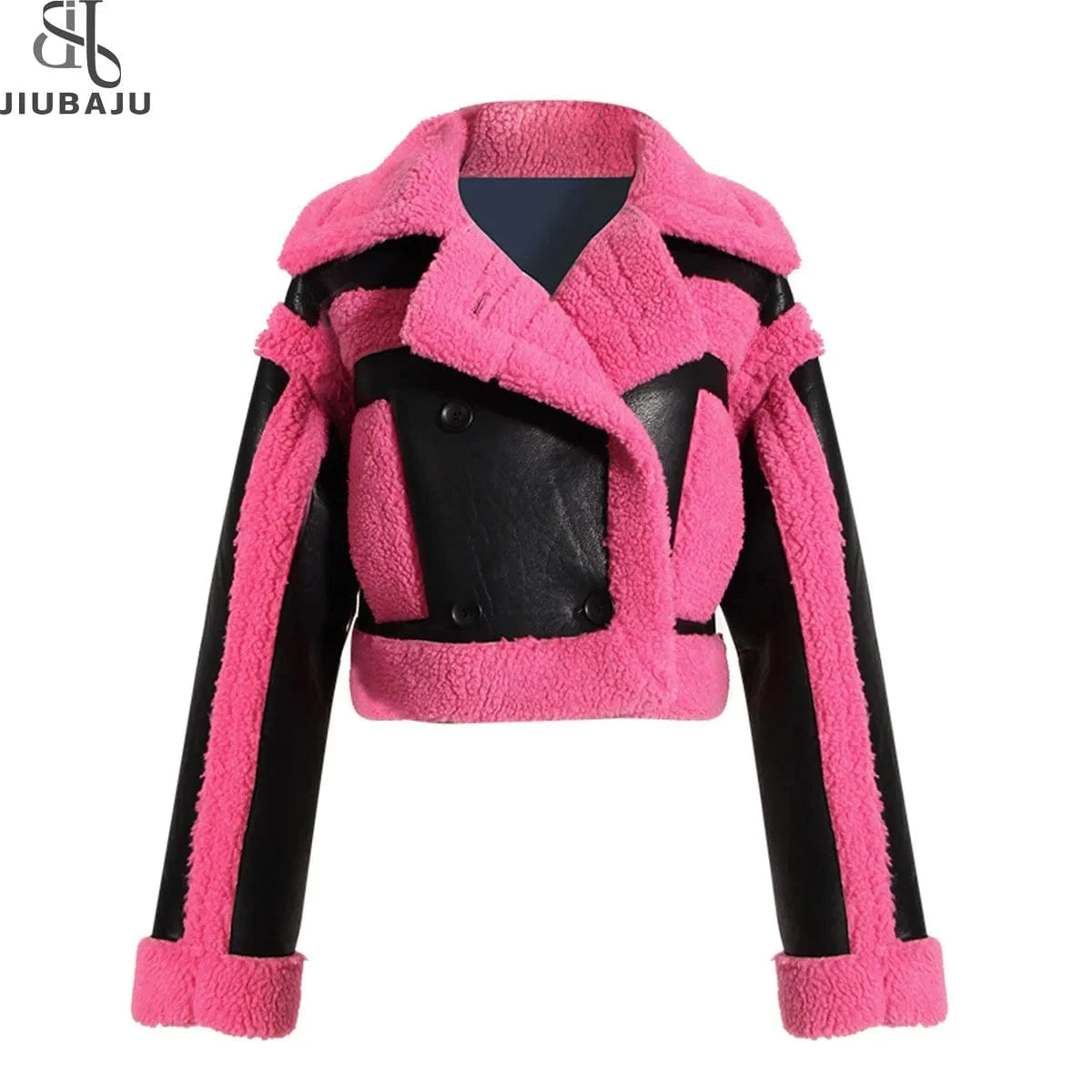 Fashion Y2K Turn Down Motor Style Pink Color Imitation Fur Patchwork Pu Leather  Winter Women Jackets