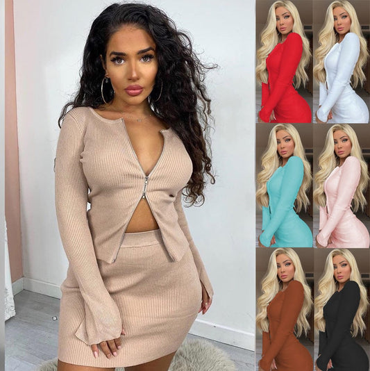 Fashion  Zipper Skirt And Custom-made  Long Sleeve Skirt Set Three Colors Two Piece Skirt Set Women