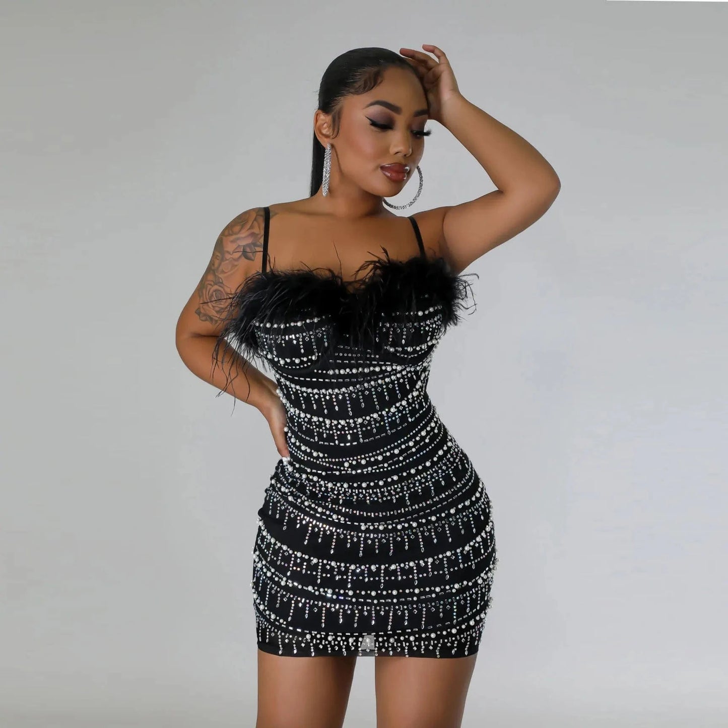 Fashionable 2024 New Women Elegant Feathers Sparkly Rhinestones Luxury Birthday Party Evening Club Bodycon Dress