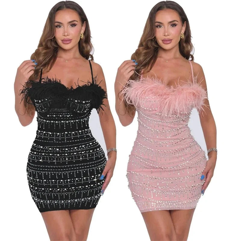 Fashionable 2024 New Women Elegant Feathers Sparkly Rhinestones Luxury Birthday Party Evening Club Bodycon Dress