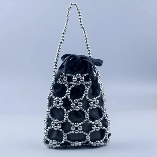 Fashionable and trendy plated hand woven acrylic street photography casual versatile beaded handbag Hollow Out Bucket Pouch