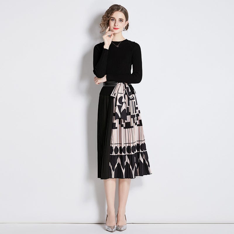 Fashionable Peter Pan Collar Tight Knit High Waist Patchwork Print Pleated Dresses Women Lady Elegant Knitting Sweater Dress