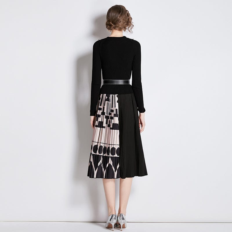 Fashionable Peter Pan Collar Tight Knit High Waist Patchwork Print Pleated Dresses Women Lady Elegant Knitting Sweater Dress