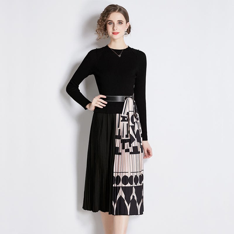 Fashionable Peter Pan Collar Tight Knit High Waist Patchwork Print Pleated Dresses Women Lady Elegant Knitting Sweater Dress