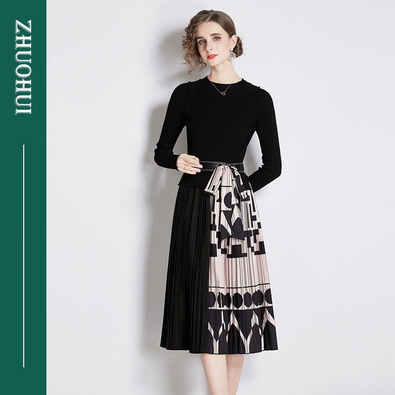 Fashionable Peter Pan Collar Tight Knit High Waist Patchwork Print Pleated Dresses Women Lady Elegant Knitting Sweater Dress