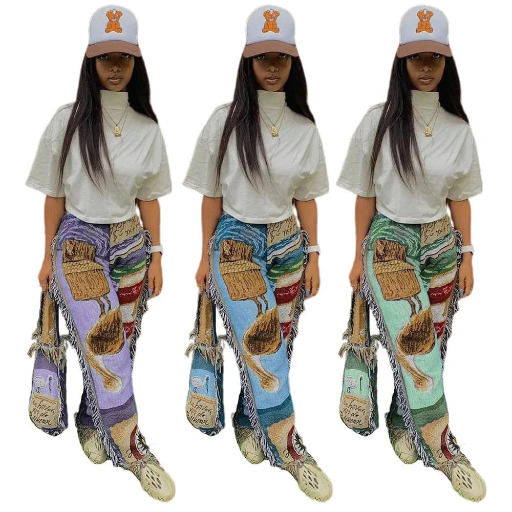 Fashionable Regular Fit Street Style Track Pants Pockets Cotton Fringe Tassel Sweat Pant Women Trendy Print Pants