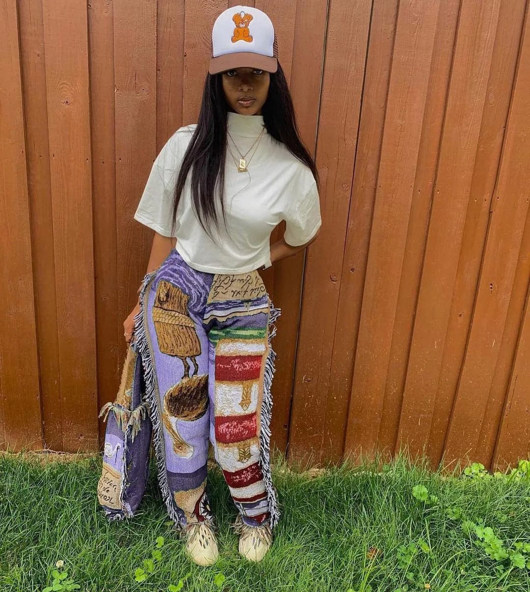 Fashionable Regular Fit Street Style Track Pants Pockets Cotton Fringe Tassel Sweat Pant Women Trendy Print Pants