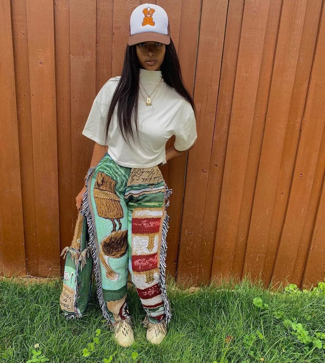 Fashionable Regular Fit Street Style Track Pants Pockets Cotton Fringe Tassel Sweat Pant Women Trendy Print Pants