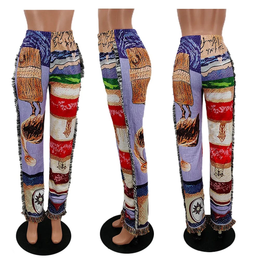 Fashionable Regular Fit Street Style Track Pants Pockets Cotton Fringe Tassel Sweat Pant Women Trendy Print Pants
