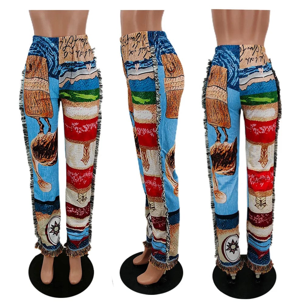 Fashionable Regular Fit Street Style Track Pants Pockets Cotton Fringe Tassel Sweat Pant Women Trendy Print Pants