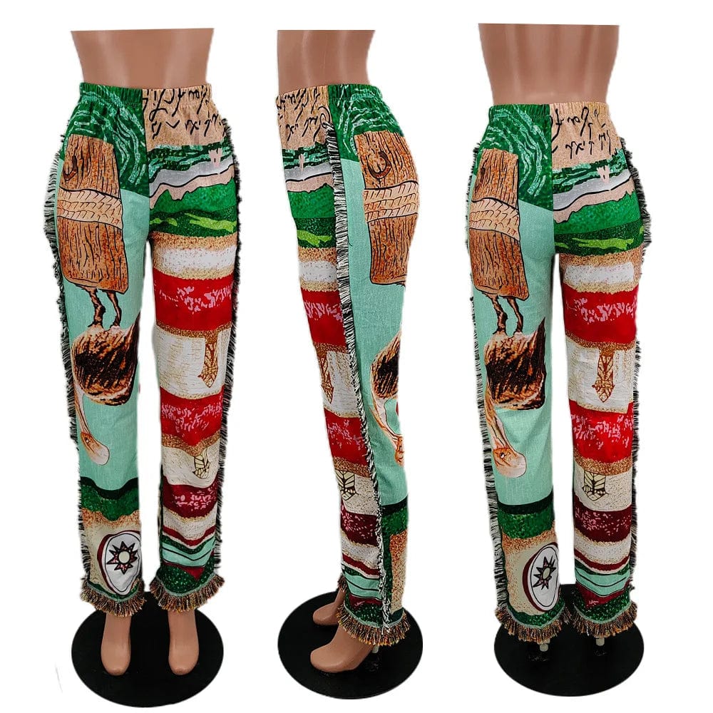 Fashionable Regular Fit Street Style Track Pants Pockets Cotton Fringe Tassel Sweat Pant Women Trendy Print Pants