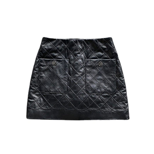 Fashionable Rhombus Pattern Black Short Skirt Genuine Chic Sheep Leather Skirt Women