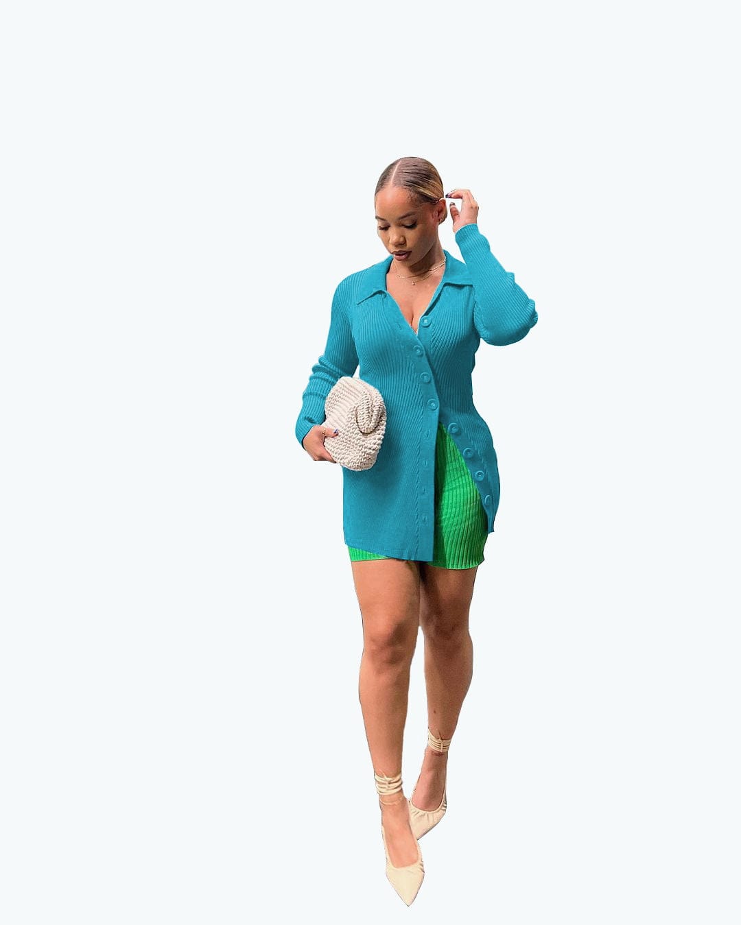 Fashionable sexy women's knitted stitching long-sleeved extended coat