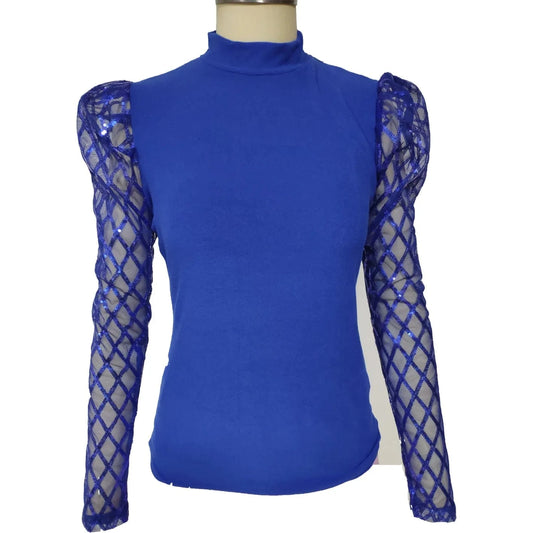 Fashionable slim-fit elastic sexy mesh bead mesh bubble sleeve women's top