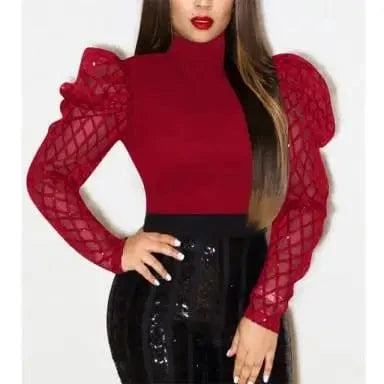 Fashionable slim-fit elastic sexy mesh bead mesh bubble sleeve women's top