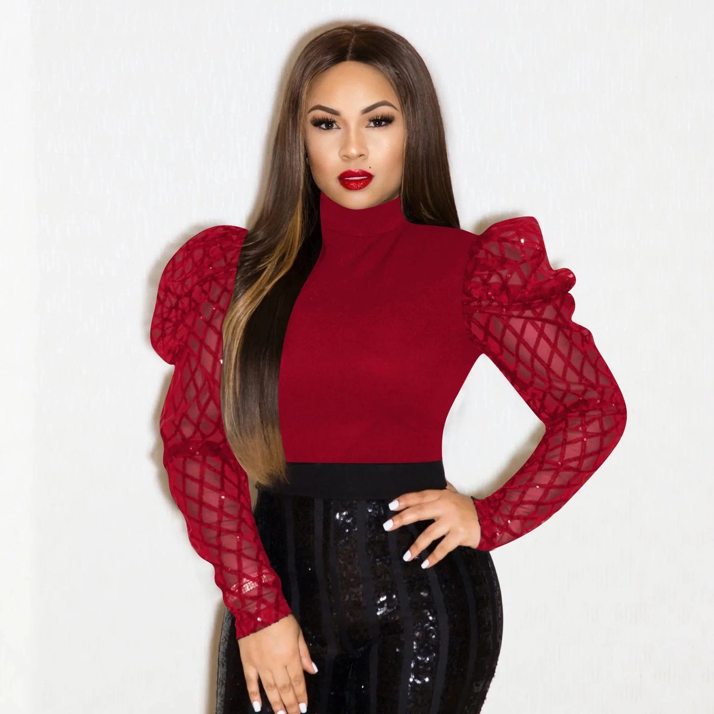 Fashionable slim-fit elastic sexy mesh bead mesh bubble sleeve women's top