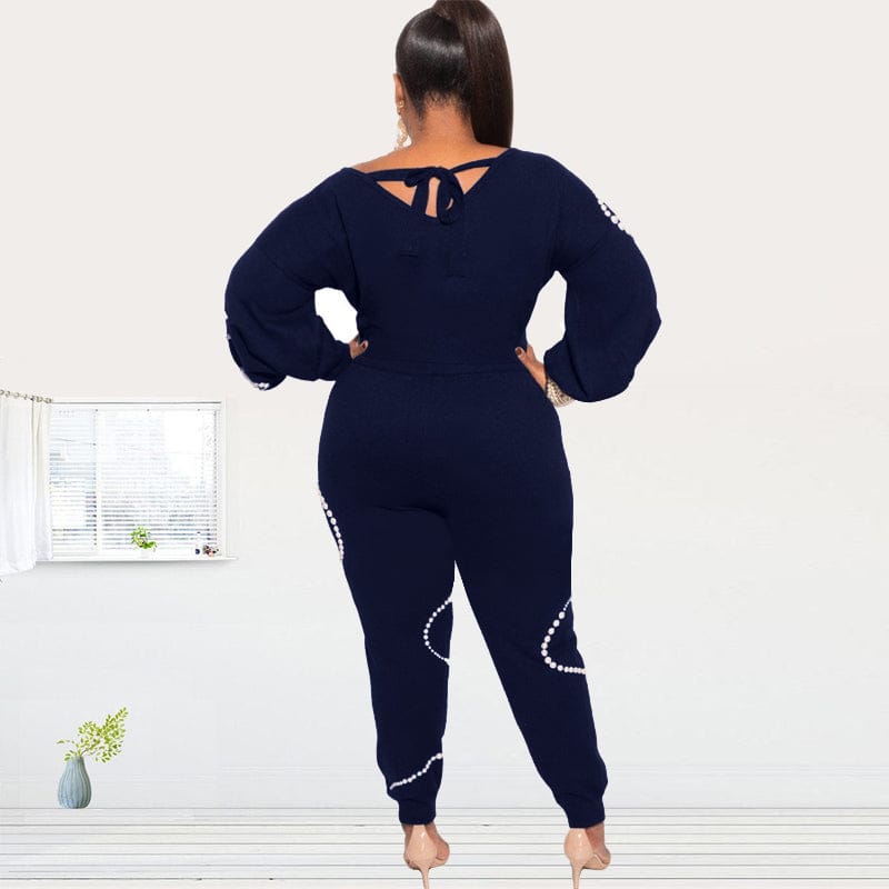 fast delivery women Pearl Beading knitted two piece set plus size clothing sexy outfit