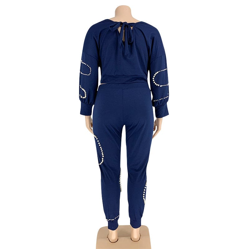 fast delivery women Pearl Beading knitted two piece set plus size clothing sexy outfit