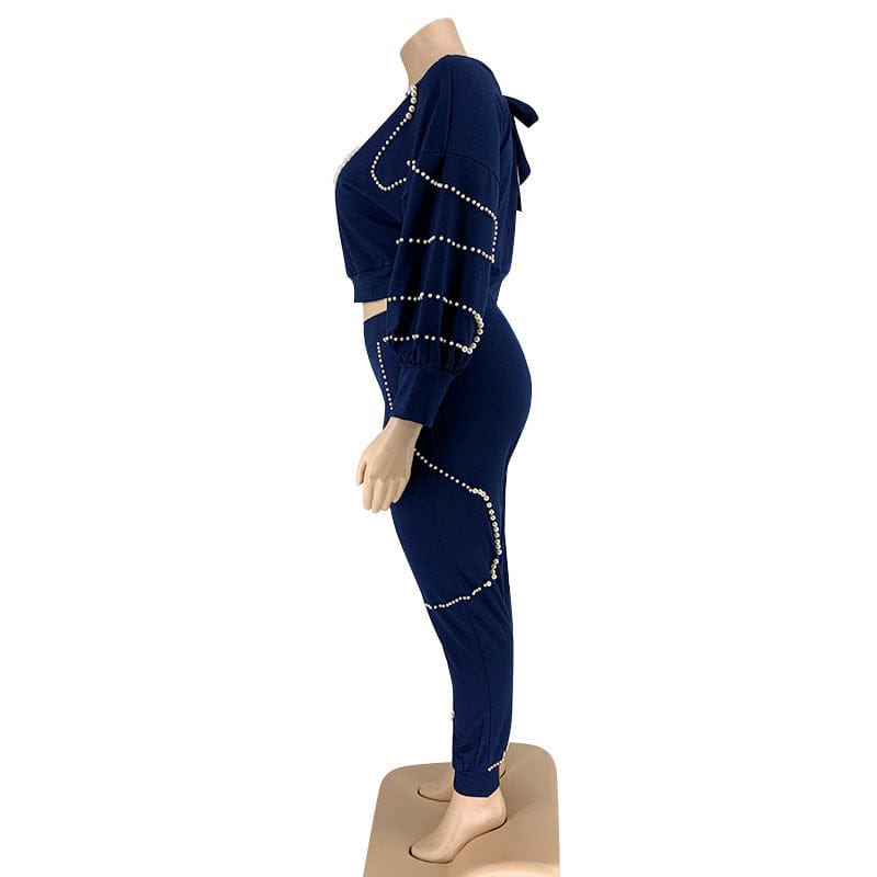 fast delivery women Pearl Beading knitted two piece set plus size clothing sexy outfit