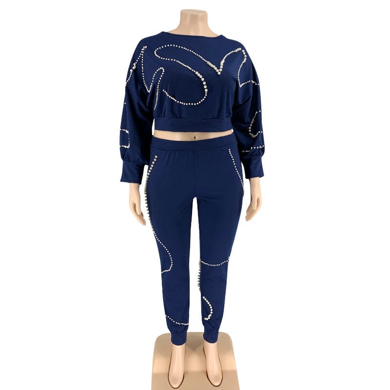 fast delivery women Pearl Beading knitted two piece set plus size clothing sexy outfit