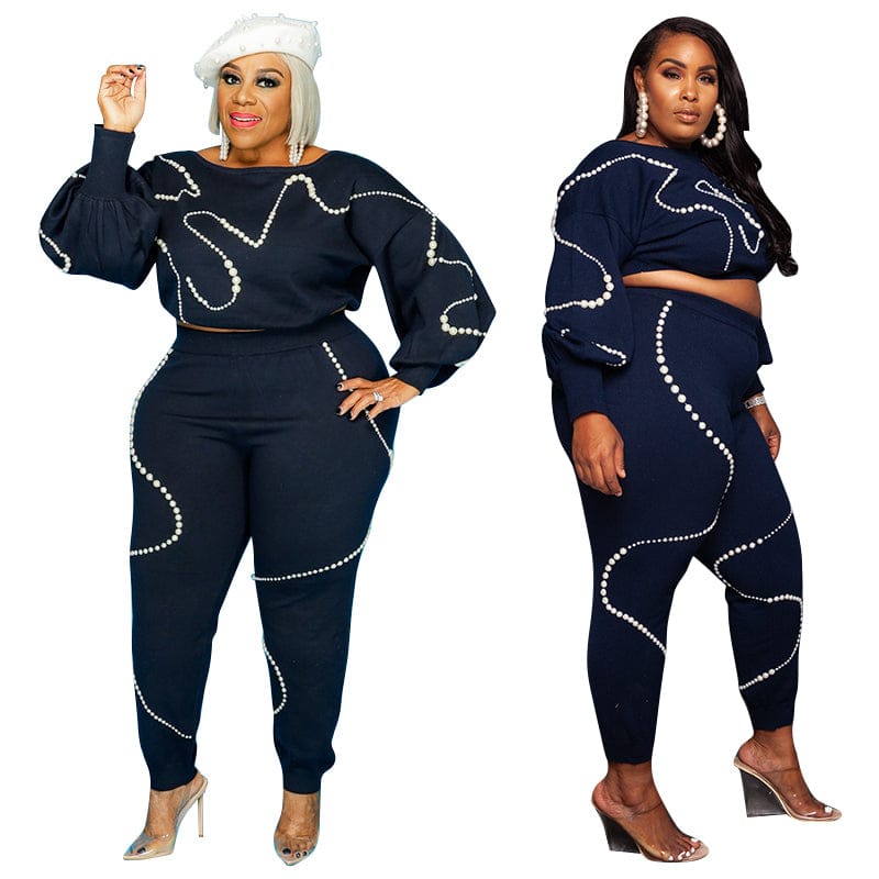 fast delivery women Pearl Beading knitted two piece set plus size clothing sexy outfit