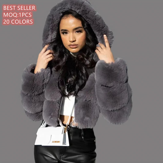 Faux Fur Cropped Top Jacket  For Women  Fashion Short Style Plus Size  Fake wedding white Black Fur Cropped Winter Coat for Lady
