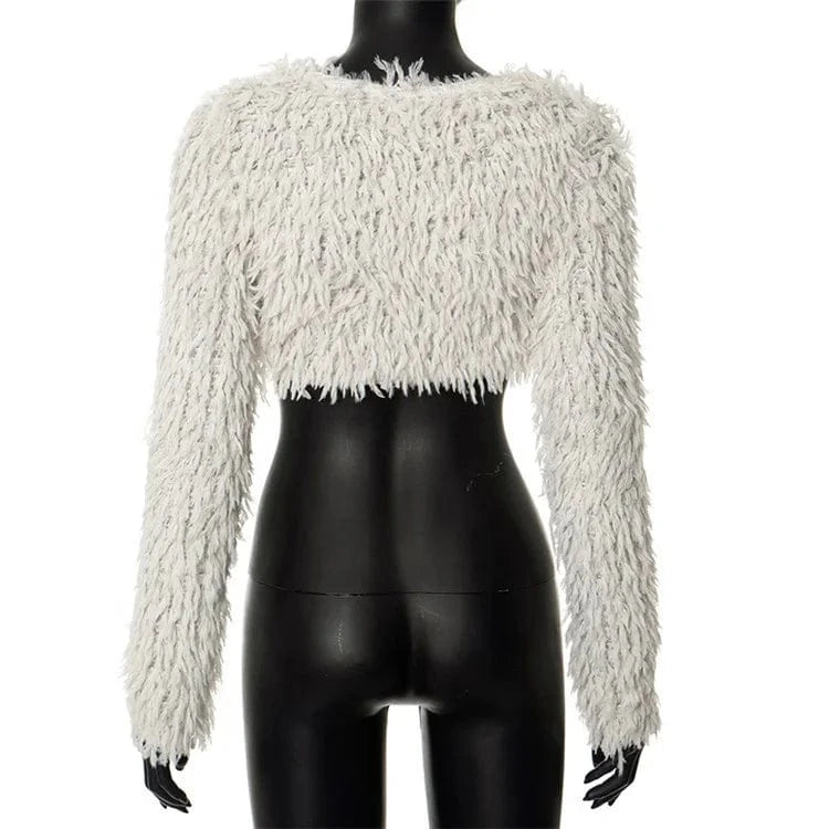 Faux Fur T-shirt Women Long Sleeve Square Collar Fashion Slim Plush Crop Top Sexy Pullover Tees