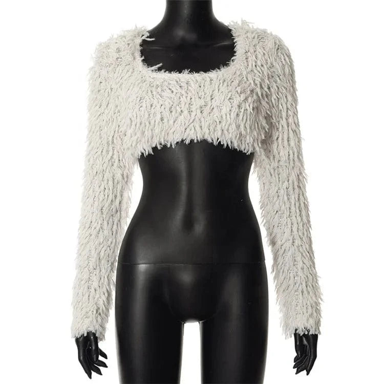 Faux Fur T-shirt Women Long Sleeve Square Collar Fashion Slim Plush Crop Top Sexy Pullover Tees