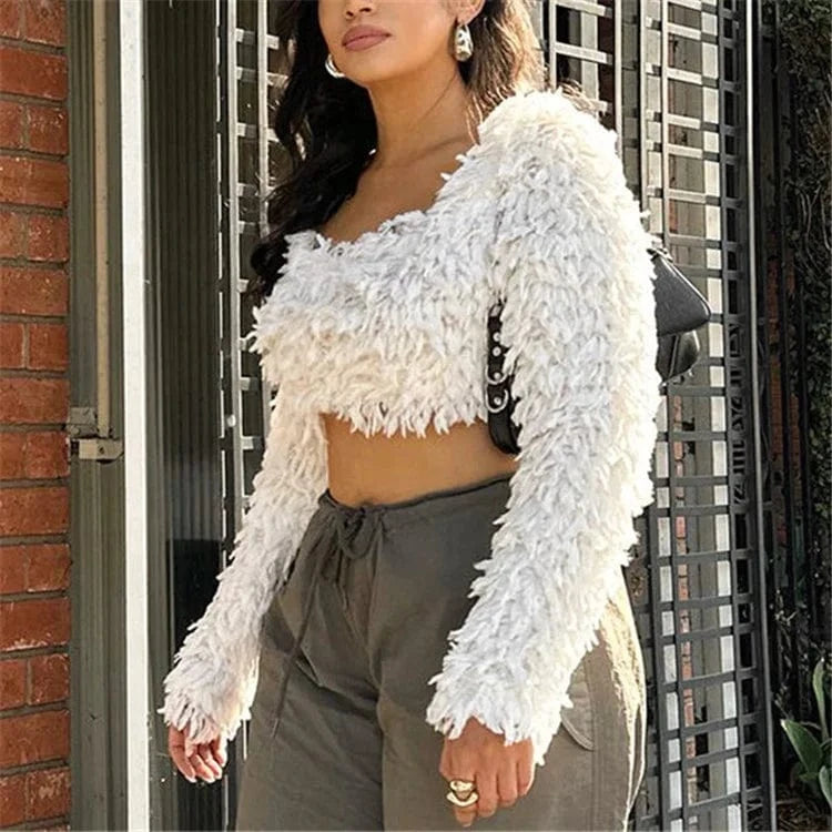 Faux Fur T-shirt Women Long Sleeve Square Collar Fashion Slim Plush Crop Top Sexy Pullover Tees