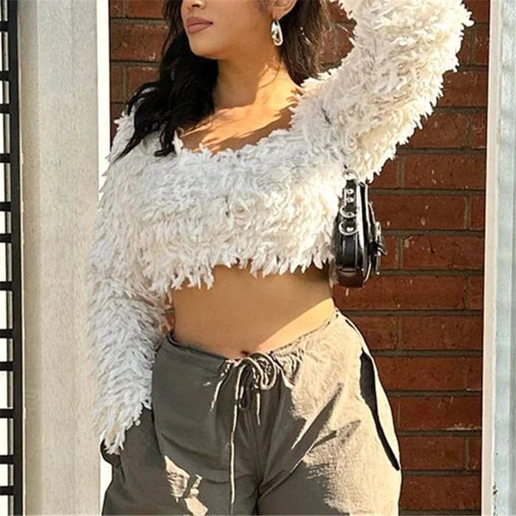 Faux Fur T-shirt Women Long Sleeve Square Collar Fashion Slim Plush Crop Top Sexy Pullover Tees