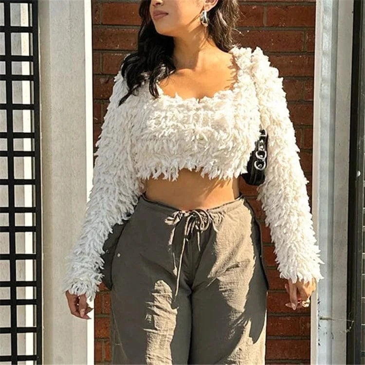 Faux Fur T-shirt Women Long Sleeve Square Collar Fashion Slim Plush Crop Top Sexy Pullover Tees