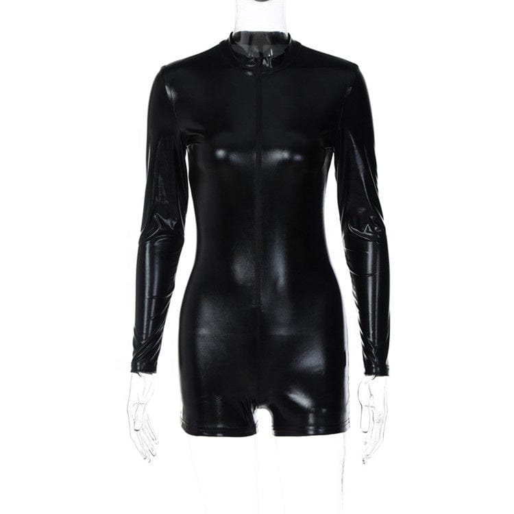 Faux Leather Jumpsuit For Women Short One Piece Sexy Outfits 2023 O Neck Zipper Long Sleeve Bodycon Rompers