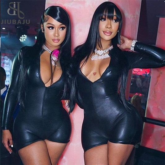 Faux Leather Jumpsuit For Women Short One Piece Sexy Outfits 2023 O Neck Zipper Long Sleeve Bodycon Rompers