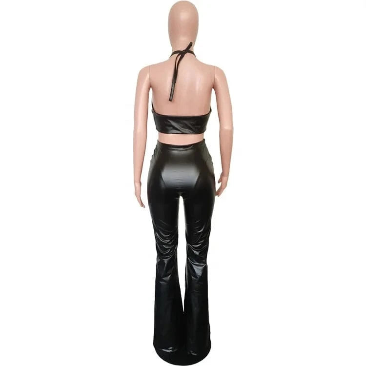 Faux Pu Leather Black Two Piece Set Women Backless Halter Crop Top and Pants Bodycon 2 Piece Trouser Sets