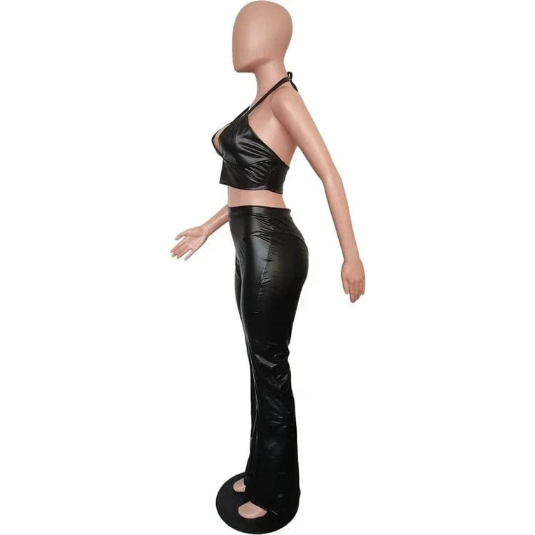 Faux Pu Leather Black Two Piece Set Women Backless Halter Crop Top and Pants Bodycon 2 Piece Trouser Sets