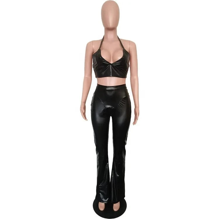 Faux Pu Leather Black Two Piece Set Women Backless Halter Crop Top and Pants Bodycon 2 Piece Trouser Sets