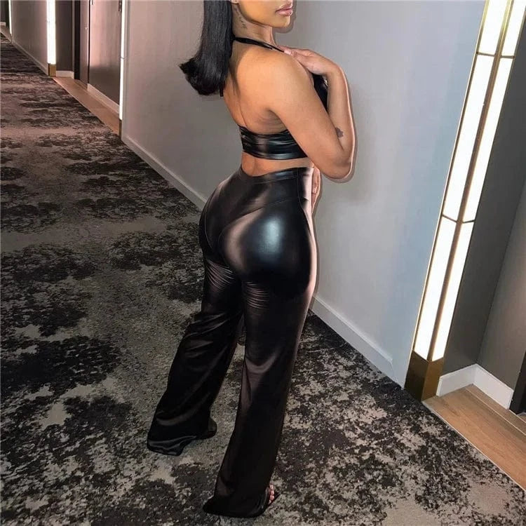 Faux Pu Leather Black Two Piece Set Women Backless Halter Crop Top and Pants Bodycon 2 Piece Trouser Sets