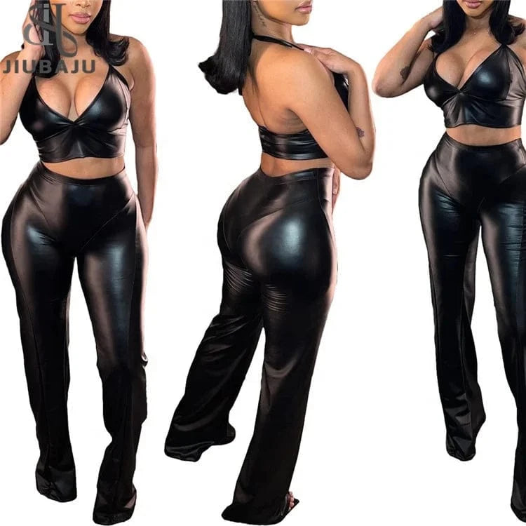Faux Pu Leather Black Two Piece Set Women Backless Halter Crop Top and Pants Bodycon 2 Piece Trouser Sets