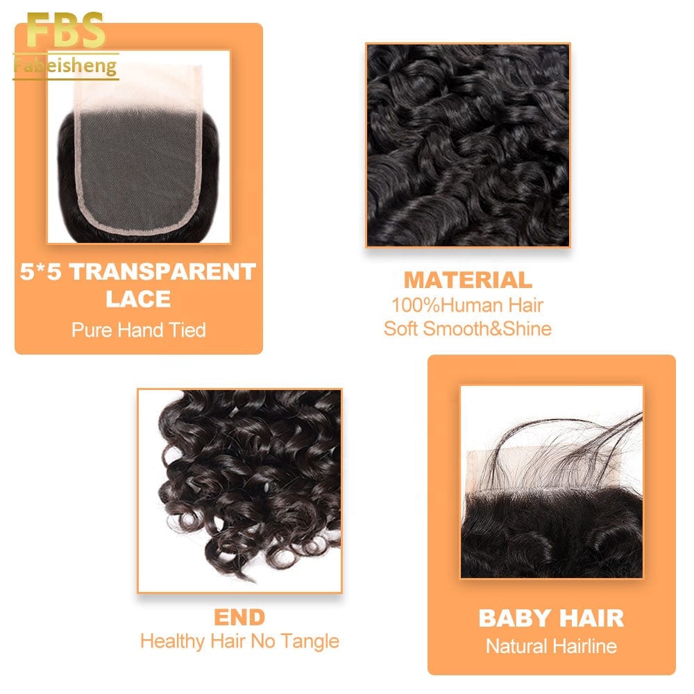 FBS Italian Wave Hair Vendor, Hot Sale Raw Burmese Human Virgin Hair, 10"-20" No Tangle No Shed 5X5 Swiss Lace Closures