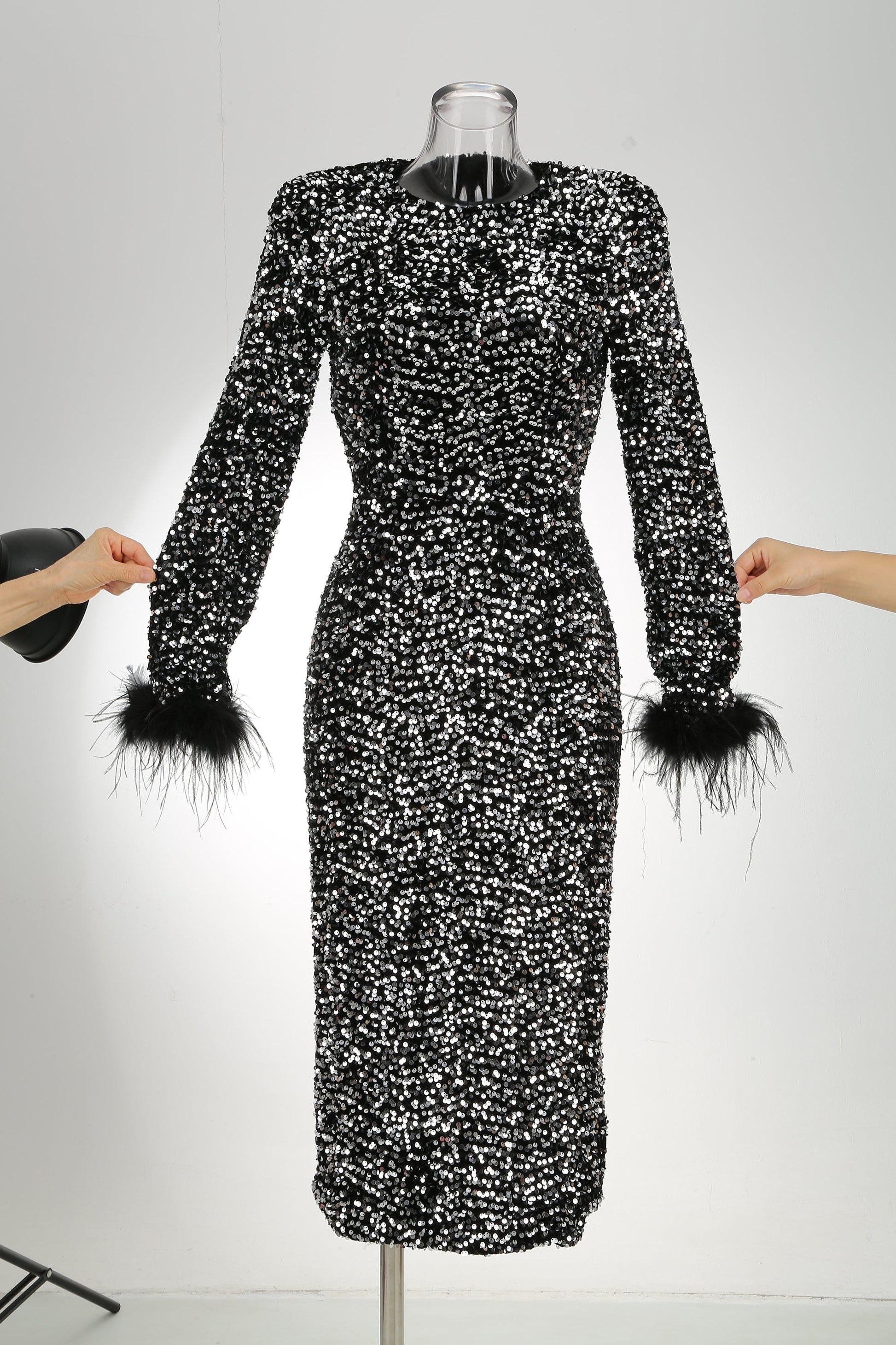 FD2550 Long Sleeve Midi Feathers High Quality Sequin Dress Prom Dresses Party Maxi Sequin Evening Dress