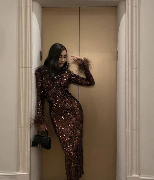 FD2550 Long Sleeve Midi Feathers High Quality Sequin Dress Prom Dresses Party Maxi Sequin Evening Dress