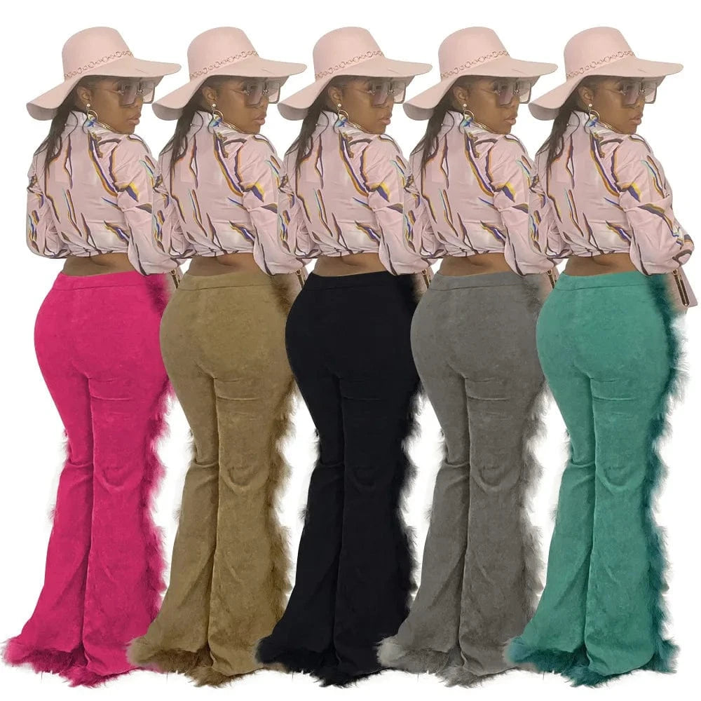 Feather Trendy Fringe High Bottom Corduroy Pants Flare Women Velvet Flare Pants Fringe Tassel Women Pants Wide Leg
