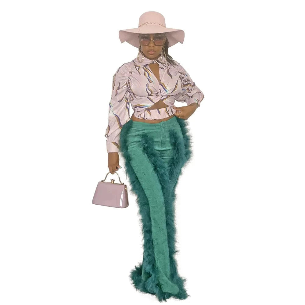 Feather Trendy Fringe High Bottom Corduroy Pants Flare Women Velvet Flare Pants Fringe Tassel Women Pants Wide Leg