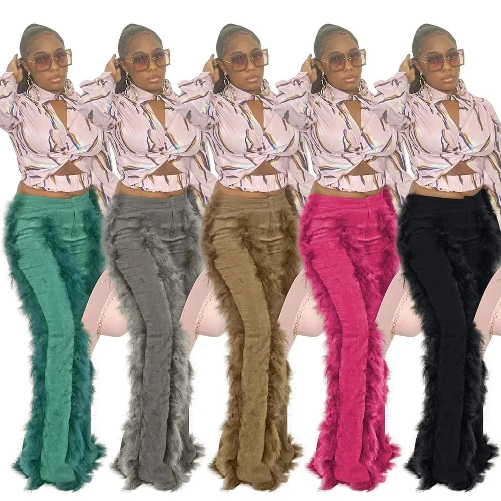 Feather Trendy Fringe High Bottom Corduroy Pants Flare Women Velvet Flare Pants Fringe Tassel Women Pants Wide Leg