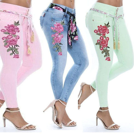 Feet Colombianos Colombien Custom Logo Embroidery Floral Stylish Butt Lifter Ladies Skinny Trousers Pencil Pants Women'S Jeans