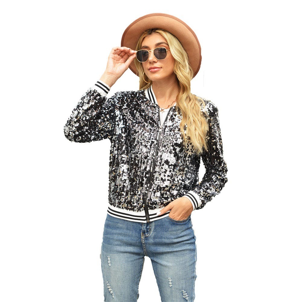 Female Autumn and Winter New Sequin Long-Sleeved Women's Coat Bomber Jacket Women Round Collar baseball Coat