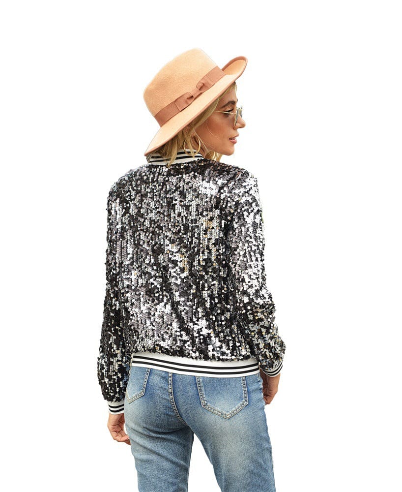Female Autumn and Winter New Sequin Long-Sleeved Women's Coat Bomber Jacket Women Round Collar baseball Coat
