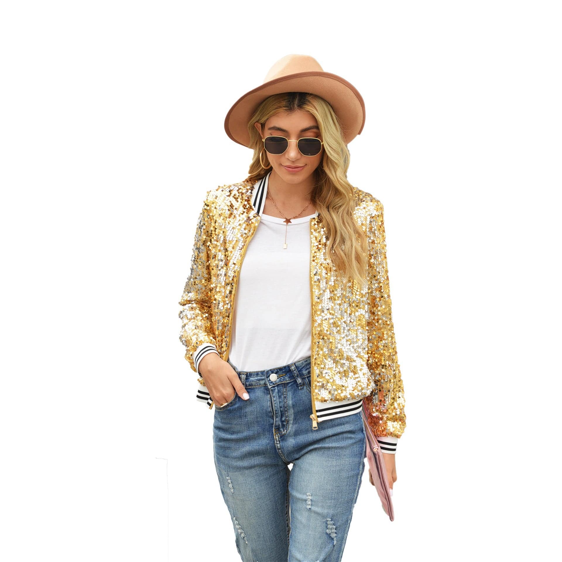 Female Autumn and Winter New Sequin Long-Sleeved Women's Coat Bomber Jacket Women Round Collar baseball Coat