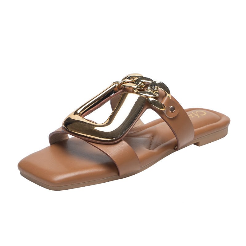 Female beach slippers ladies versatile chain U clasp women's square head cutout outside wearing sandalwood women flat sandals
