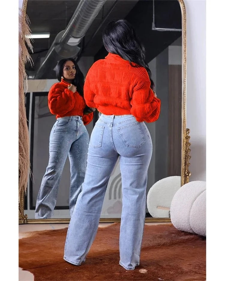 Female Lotus Lantern Long Sleeves Cardigans Zip Up Sweaters Knit Coats Woman